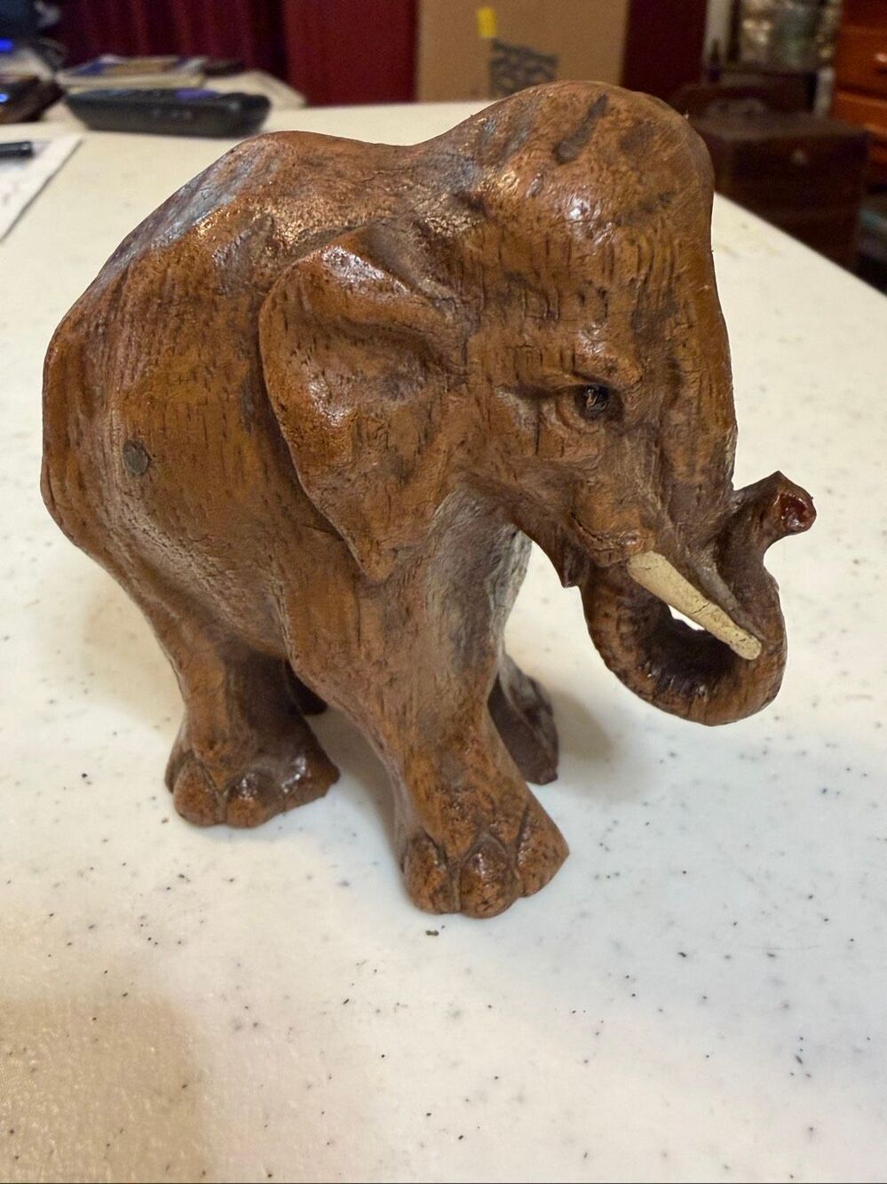 Hand-Carved Brown Wooden Elephant With Tusks Sculpture Figurine 3 1/4"